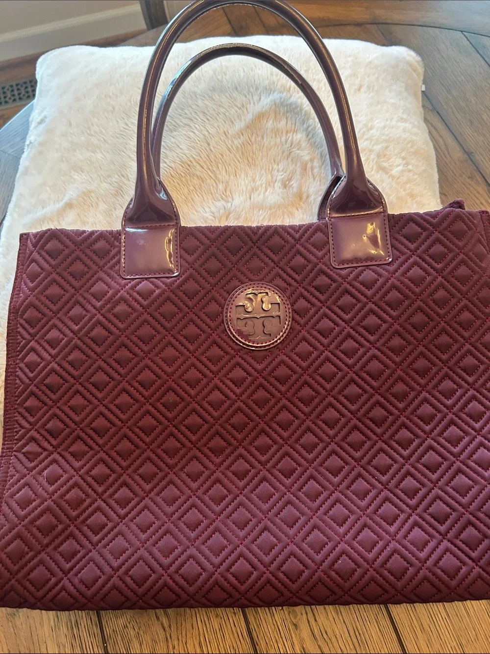 Tory Burch Marion Quilted Tote in Wine with Patent Handles like new